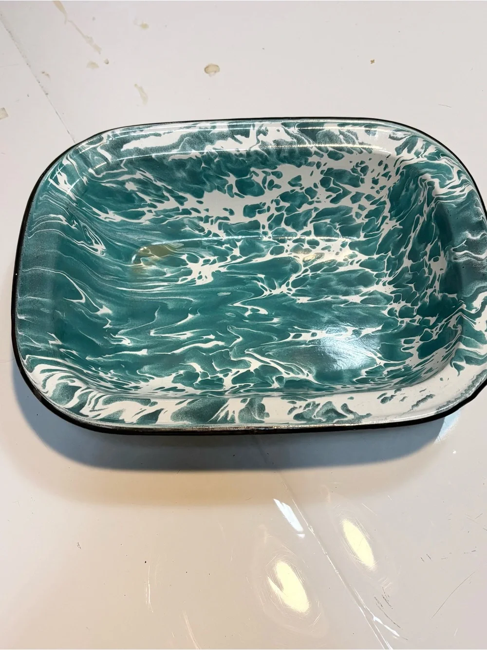 vintage rectangular enamelwear baking pan teal white swirl pattern